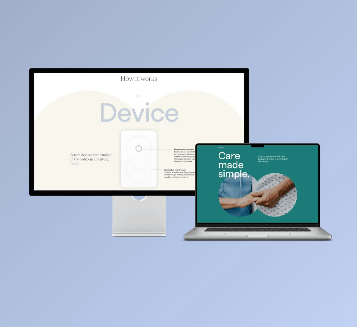a iMac and macbook mockup both displaying a different page of the Sereen health website